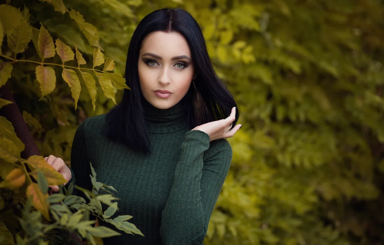 Photo wallpaper greens, leaves, branches, model, portrait, makeup, brunette, hairstyle