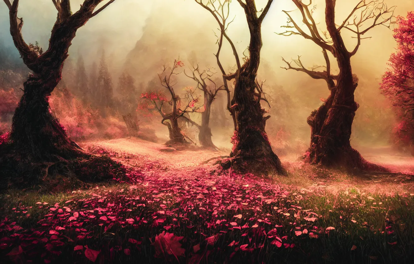 Photo wallpaper autumn, forest, light, trees, landscape, branches, nature, fog