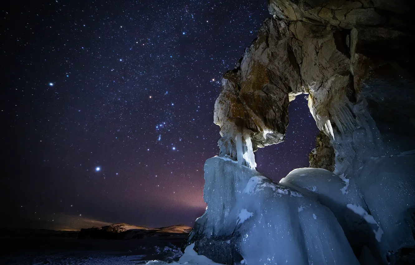 Photo wallpaper winter, landscape, night, nature, rock, lake, island, ice