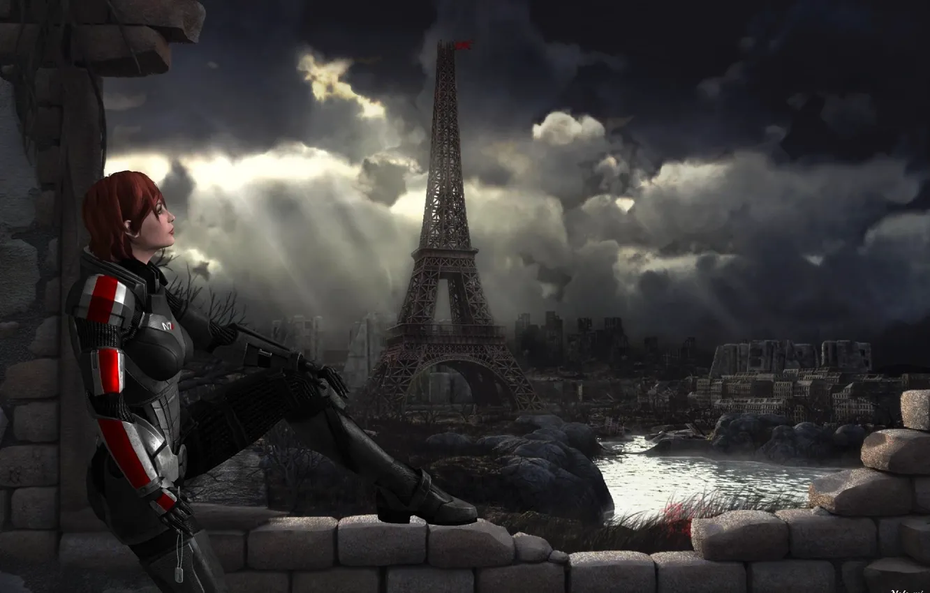 Photo wallpaper look, girl, background, destruction, armor, sitting, mass effect, Shephard