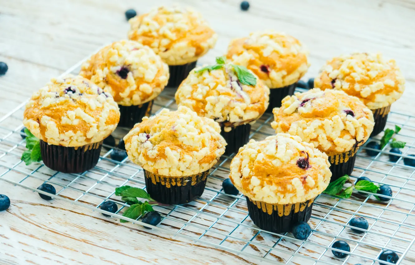 Photo wallpaper blueberries, mint, cakes, cupcakes