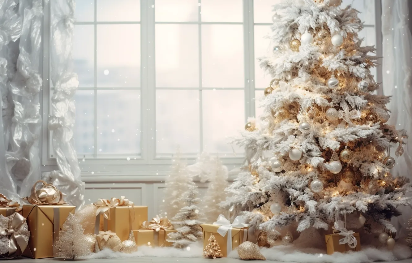 Photo wallpaper winter, snow, decoration, room, balls, tree, interior, New Year