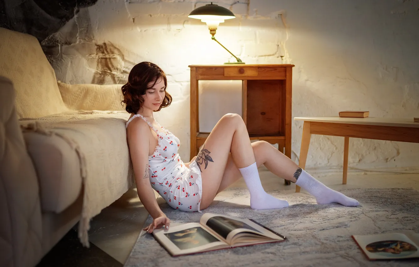 Photo wallpaper legs, women, brunette, lamp, smiling, sitting, socks, thighs