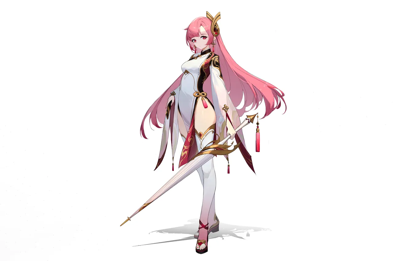 Photo wallpaper girl, sword, sexy, thighhighs, pink hair, long hair, dress, legs