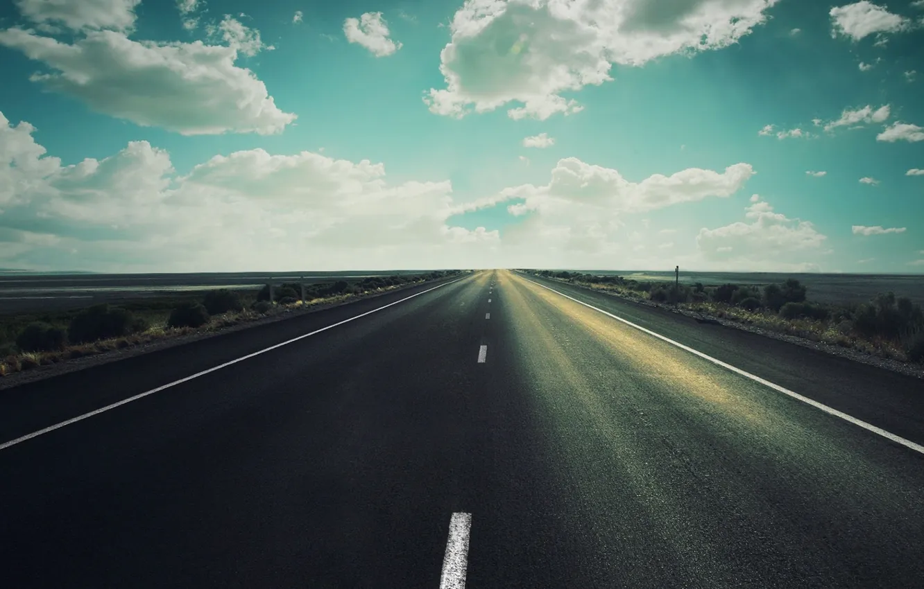 Photo wallpaper road, the sky, asphalt, clouds