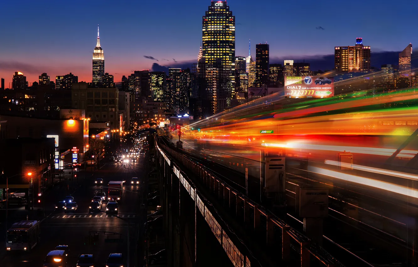 Photo wallpaper road, light, machine, night, the city, metro, train, New York