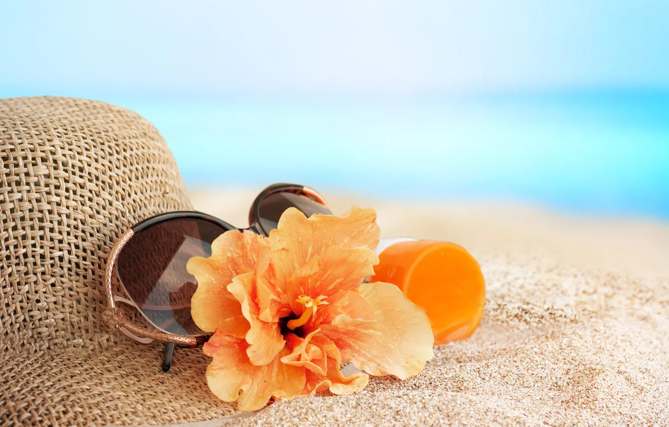 Photo wallpaper sand, sea, beach, summer, flowers, stay, hat, glasses
