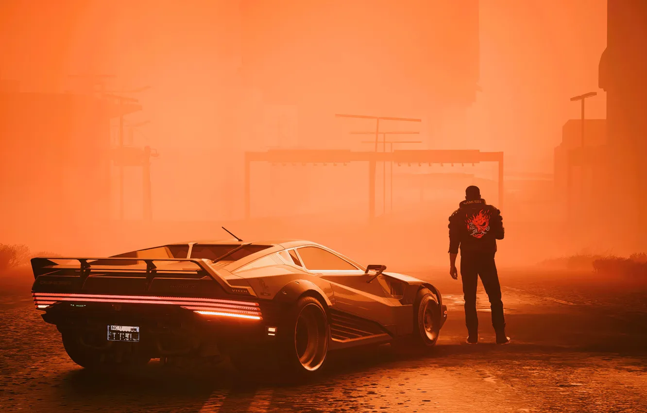 Photo wallpaper machine, sunset, the city, smoke, Cyberpunk 2077, quadra