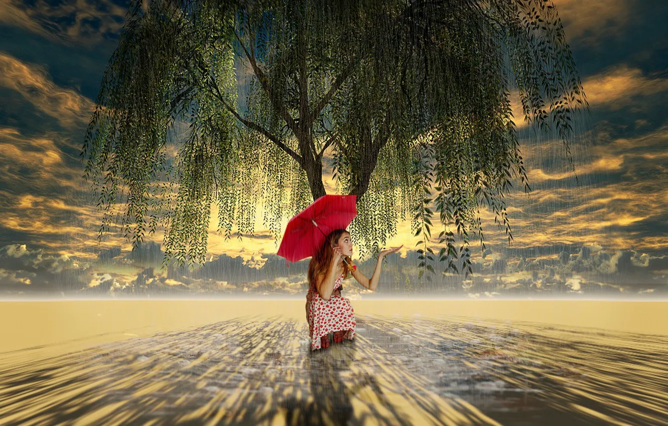 Photo wallpaper tree, umbrella, art, girl, weeping willow
