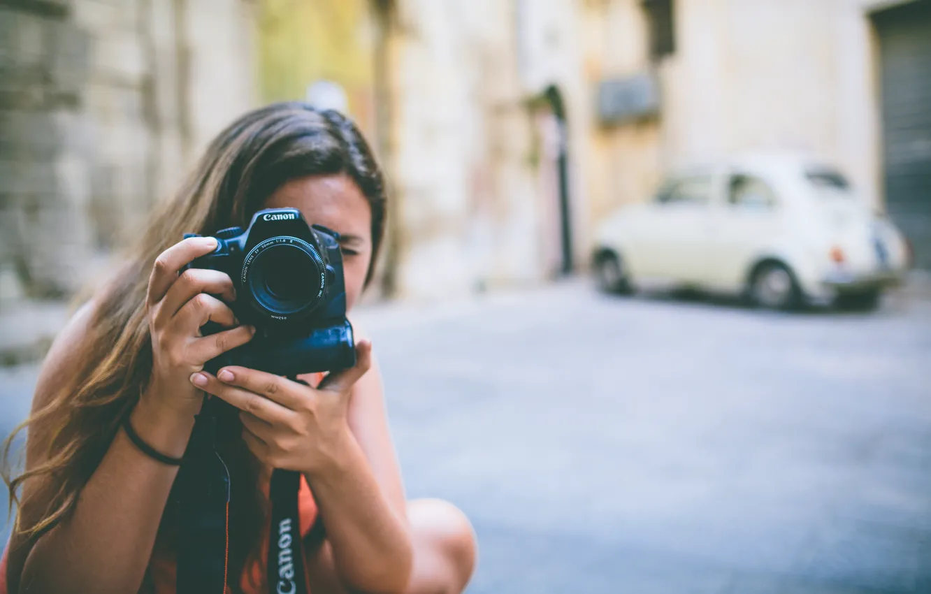 Photo wallpaper girl, camera, the camera, lens, photographs, relieves