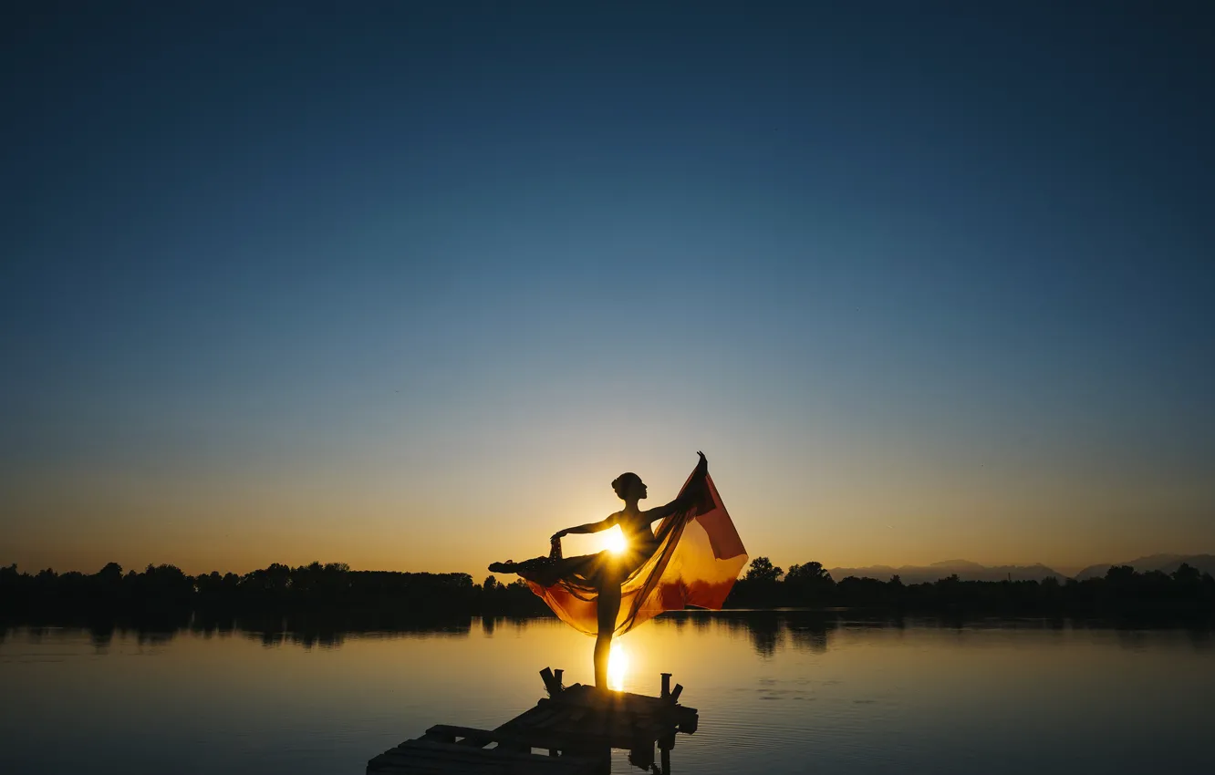 Photo wallpaper the sky, girl, rays, sunset, pose, river, the evening, ballerina