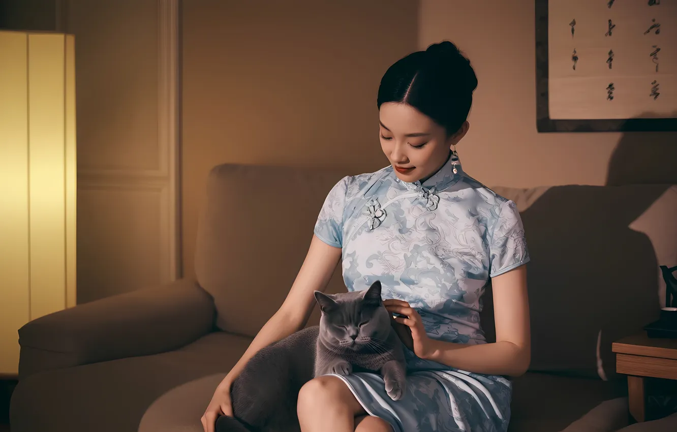 Photo wallpaper girl, calm, minimalism, Asian, soft light, relaxation, elegance, classic interior