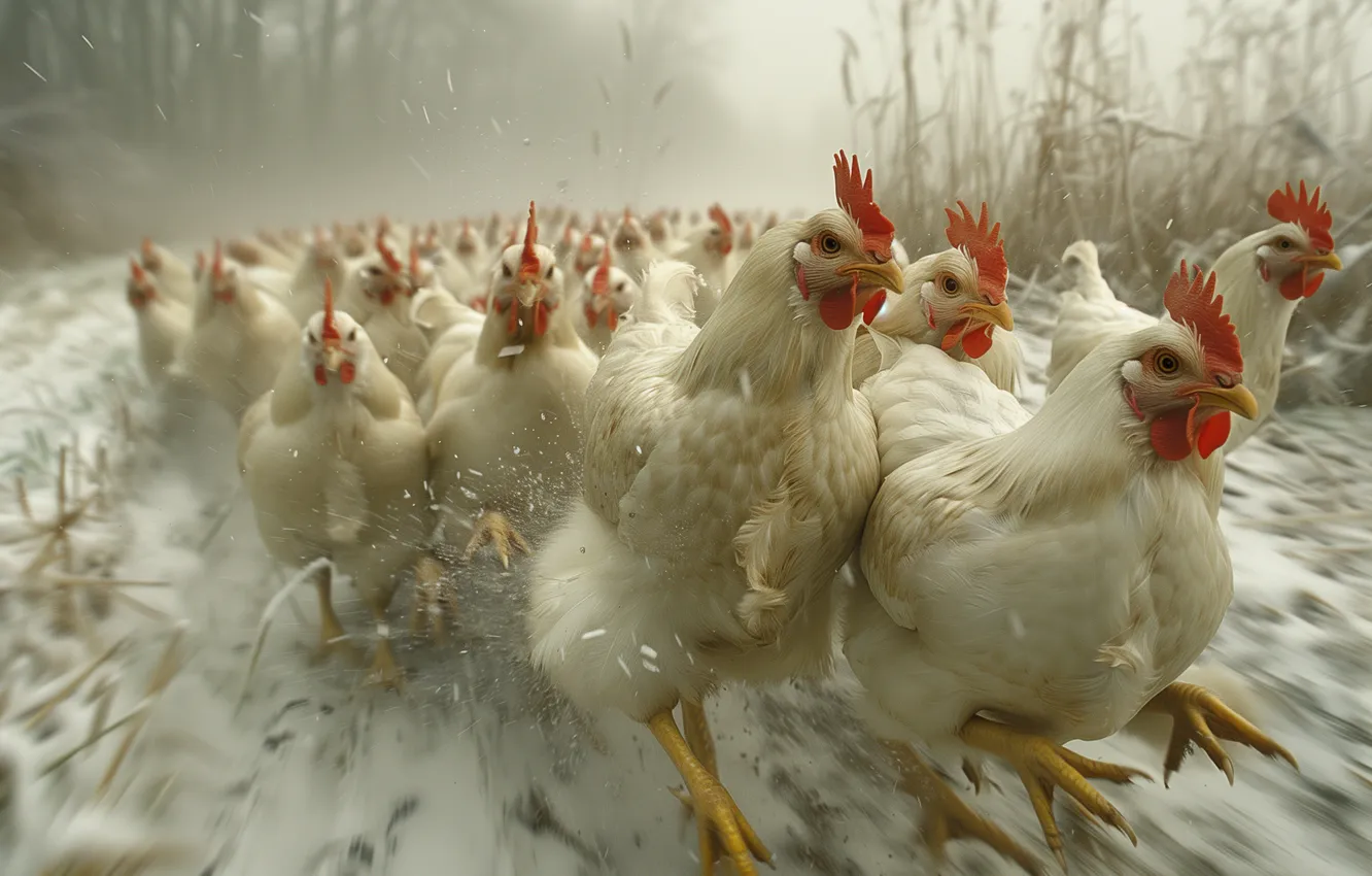 Photo wallpaper winter, road, snow, nature, fog, bird, feet, the crowd