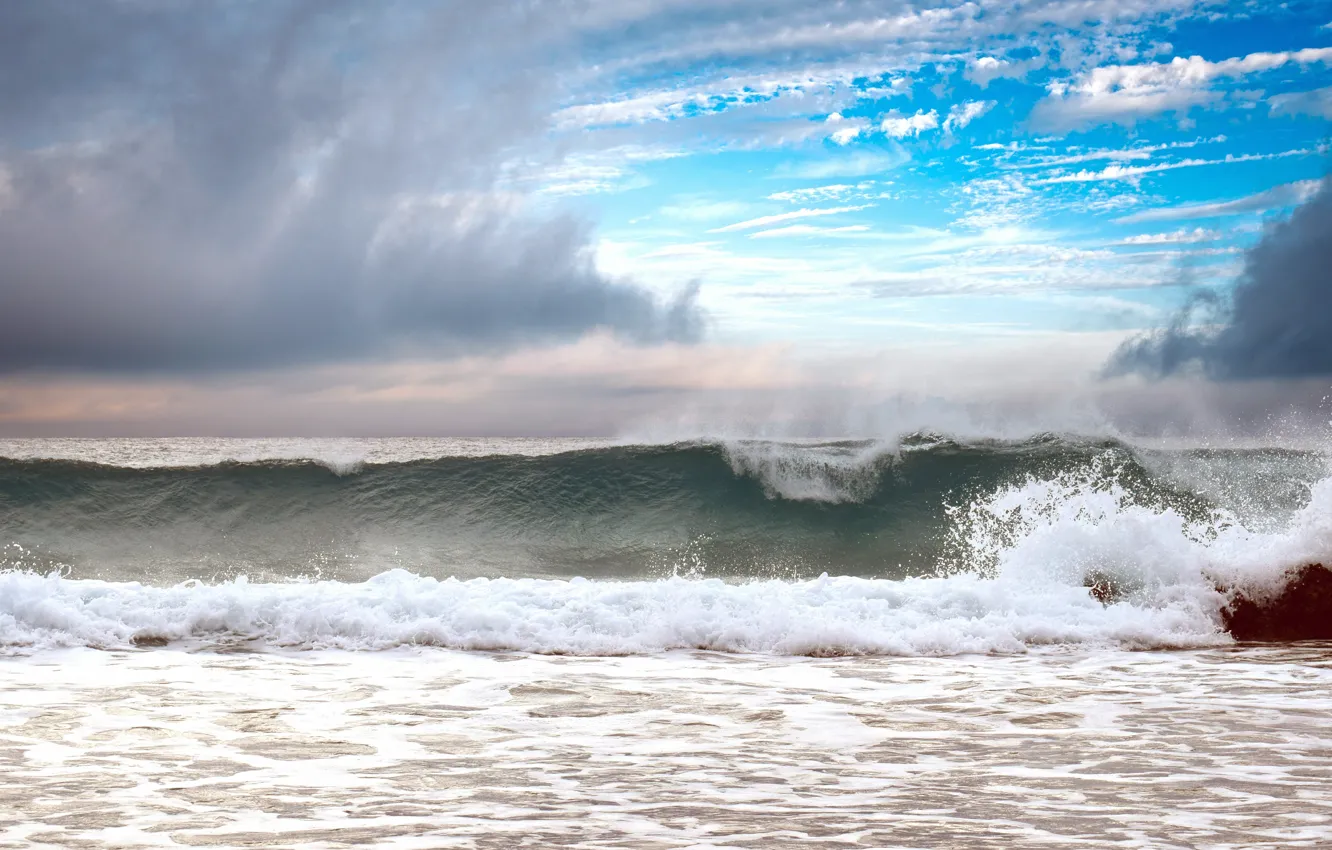 Photo wallpaper sea, wave, beach, water, clouds, squirt, storm, blue