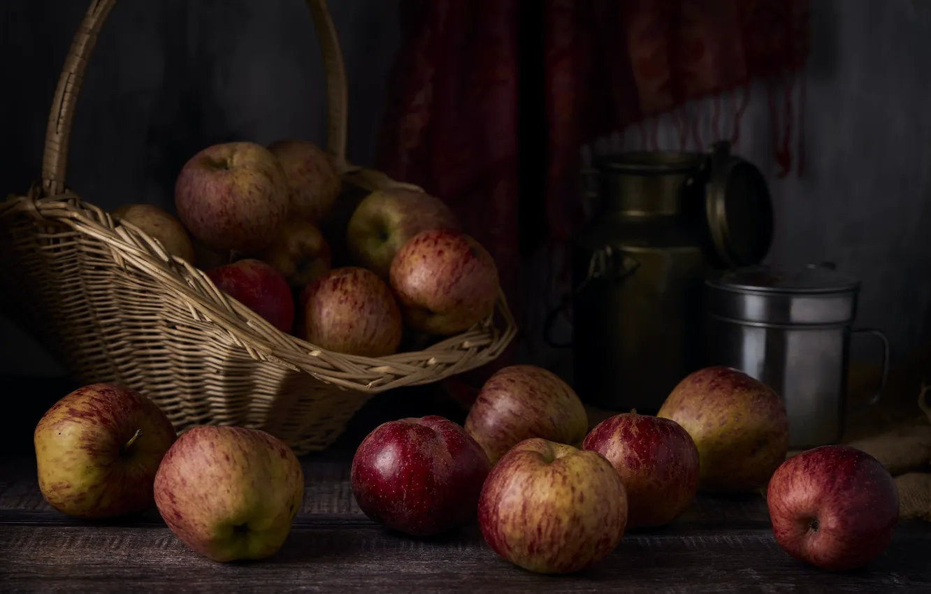 Photo wallpaper the dark background, table, apples, Board, dishes, fabric, fruit, still life