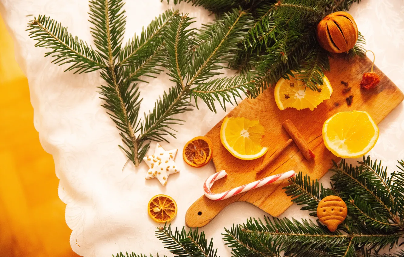 Photo wallpaper branches, oranges, cookies, Christmas, New year, needles, composition, cutting Board