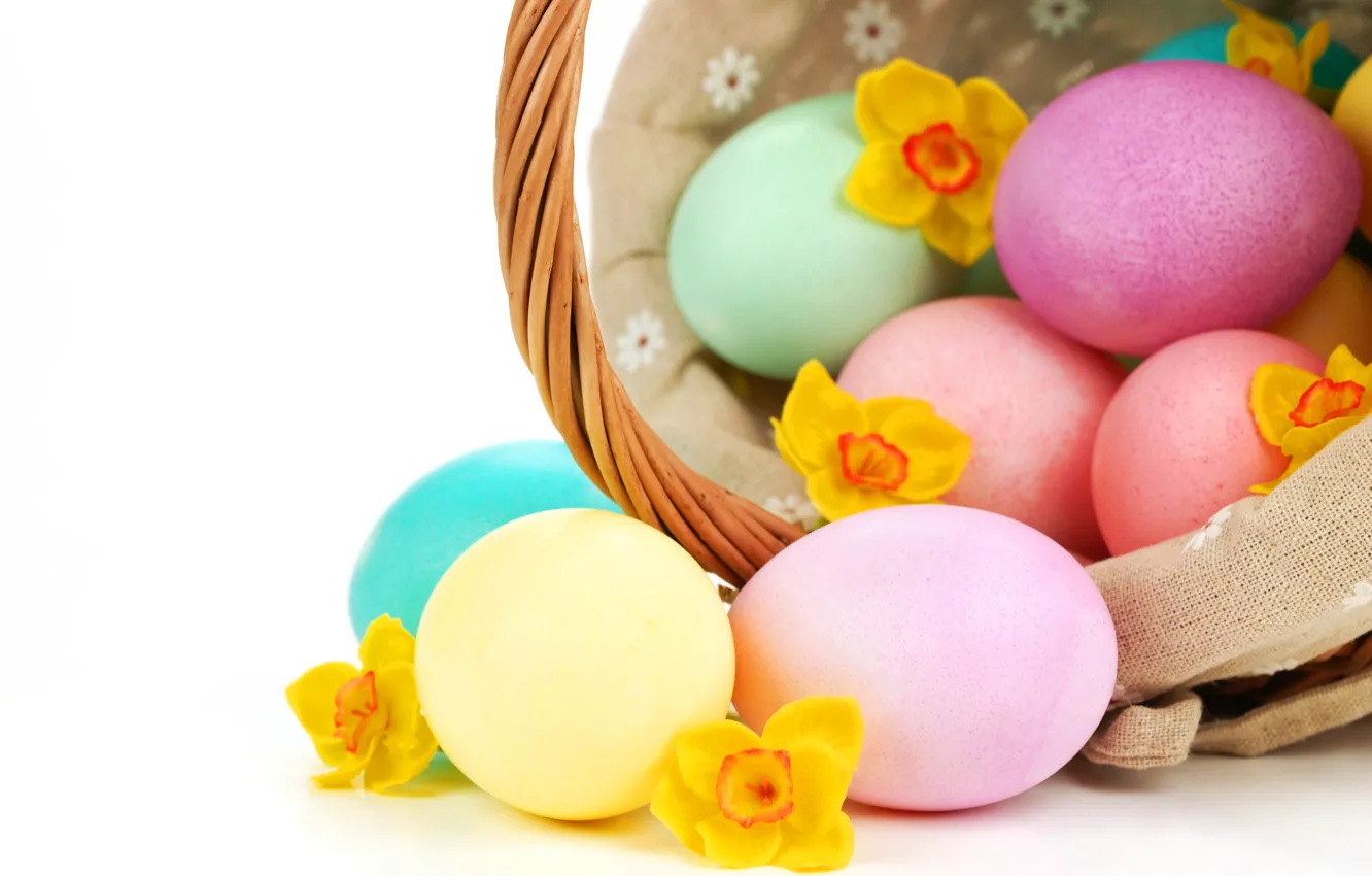 Photo wallpaper eggs, Easter, daffodils, Easter