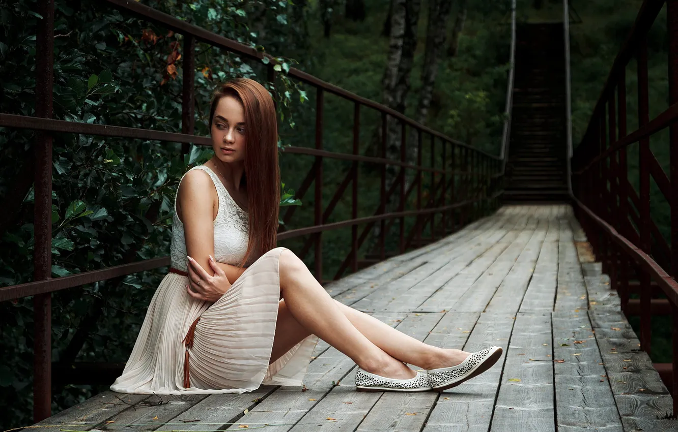 Photo wallpaper girl, bridge, dress, red, legs, sitting, Pavel Tarakanov