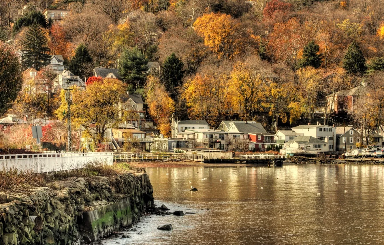 Photo wallpaper autumn, water, the village