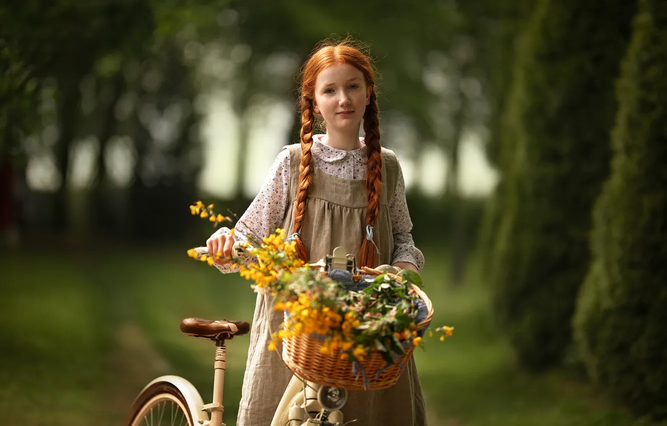 Photo wallpaper flowers, bike, basket, girl, red, Ragan Sylwia