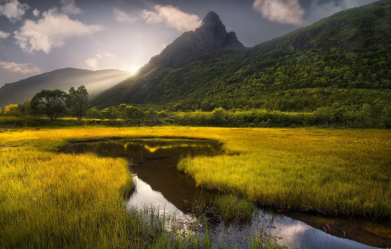 Photo wallpaper mountains, river, morning