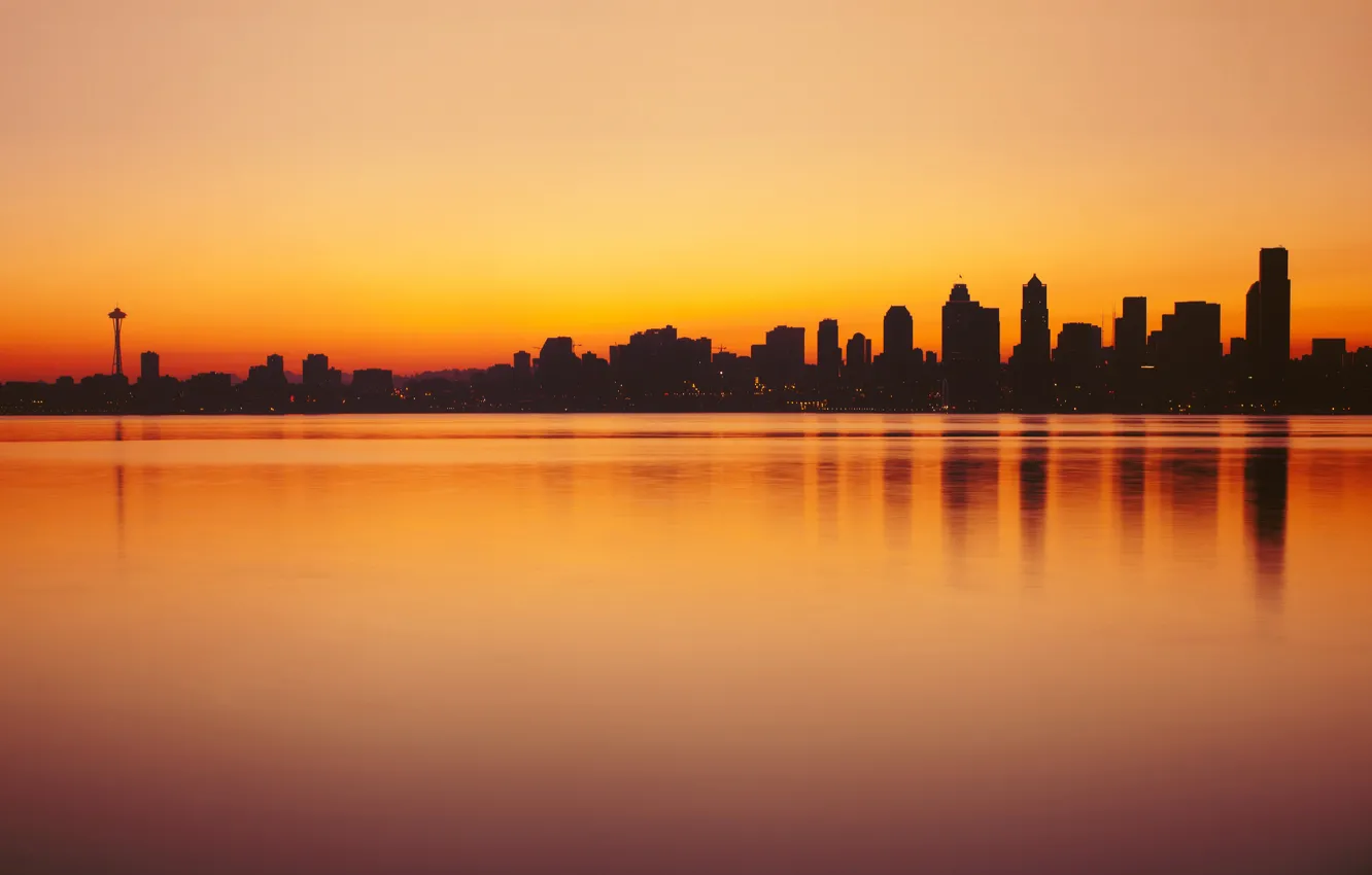 Photo wallpaper Sunset, The sky, Water, Home, The city, Lake, Washington, Seattle