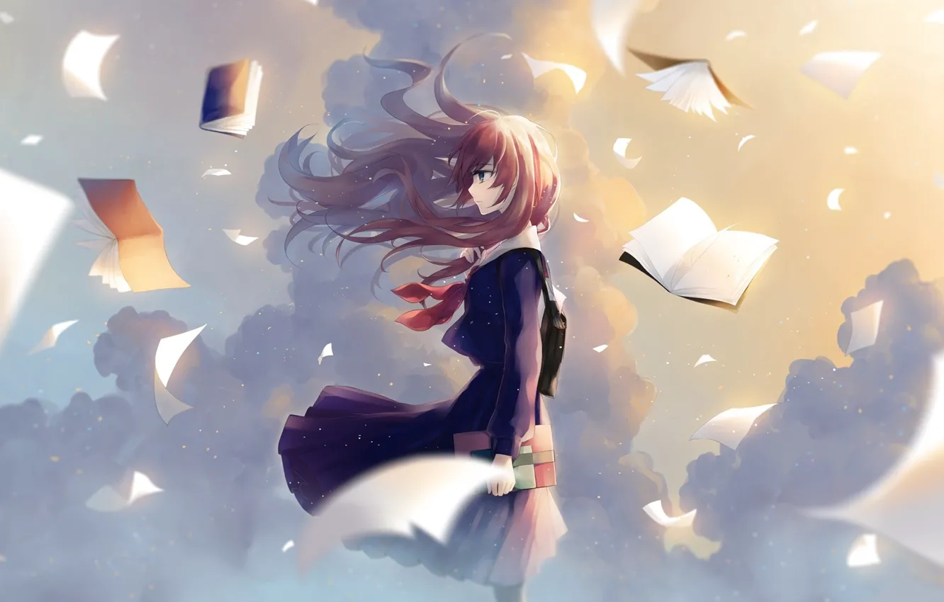 Photo wallpaper the sky, clouds, the wind, books, red, schoolgirl, sheets, satchel