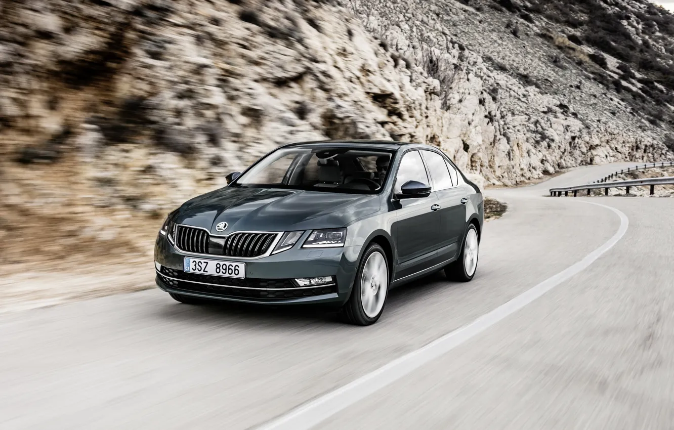 Photo wallpaper road, mountains, movement, markup, slope, the fence, sedan, Skoda