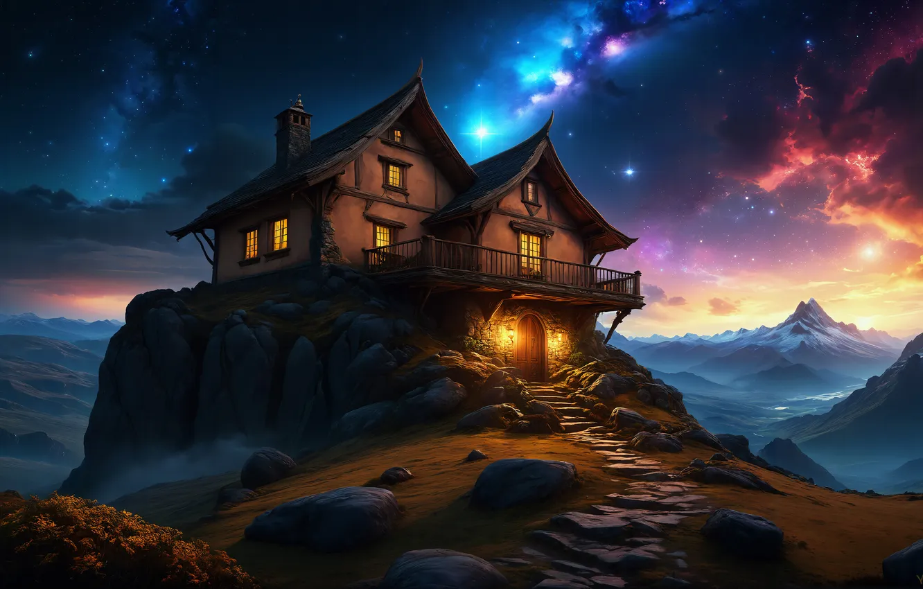 Photo wallpaper fantasy, wooden house, surreal, Mountain Peak, Dreamlike