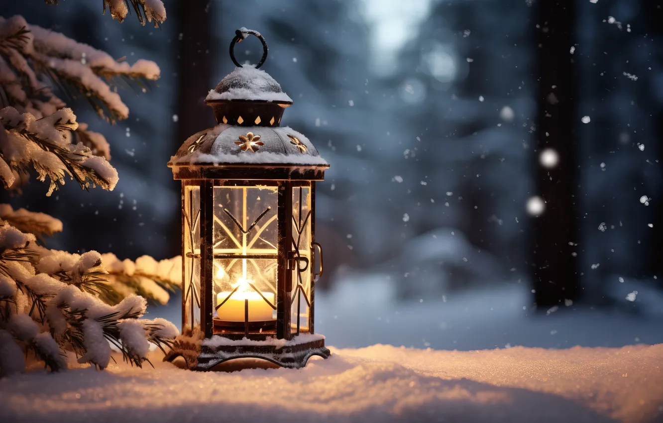 Photo wallpaper winter, snow, decoration, night, new year, Christmas, lights, light