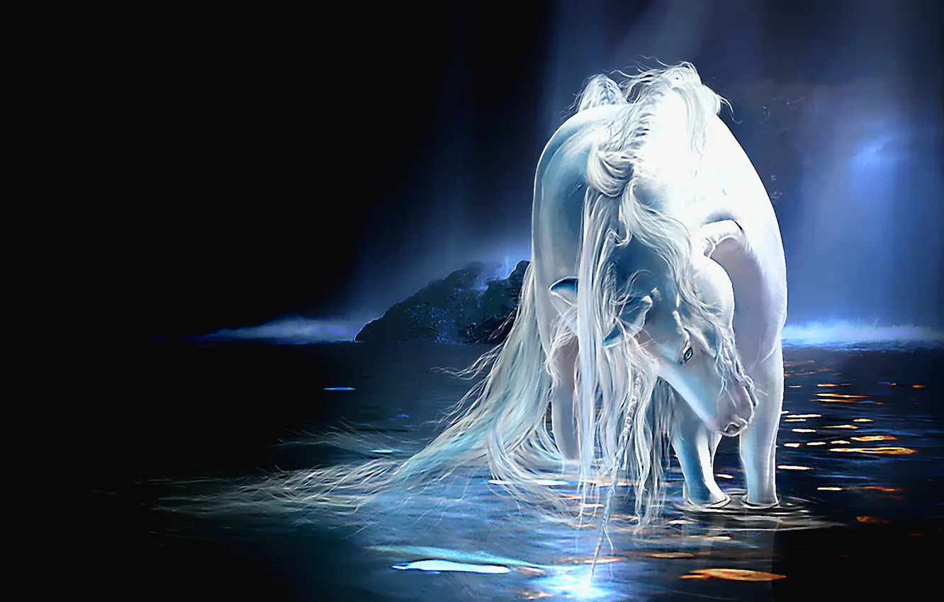 Photo wallpaper white, art, horse, watering hole