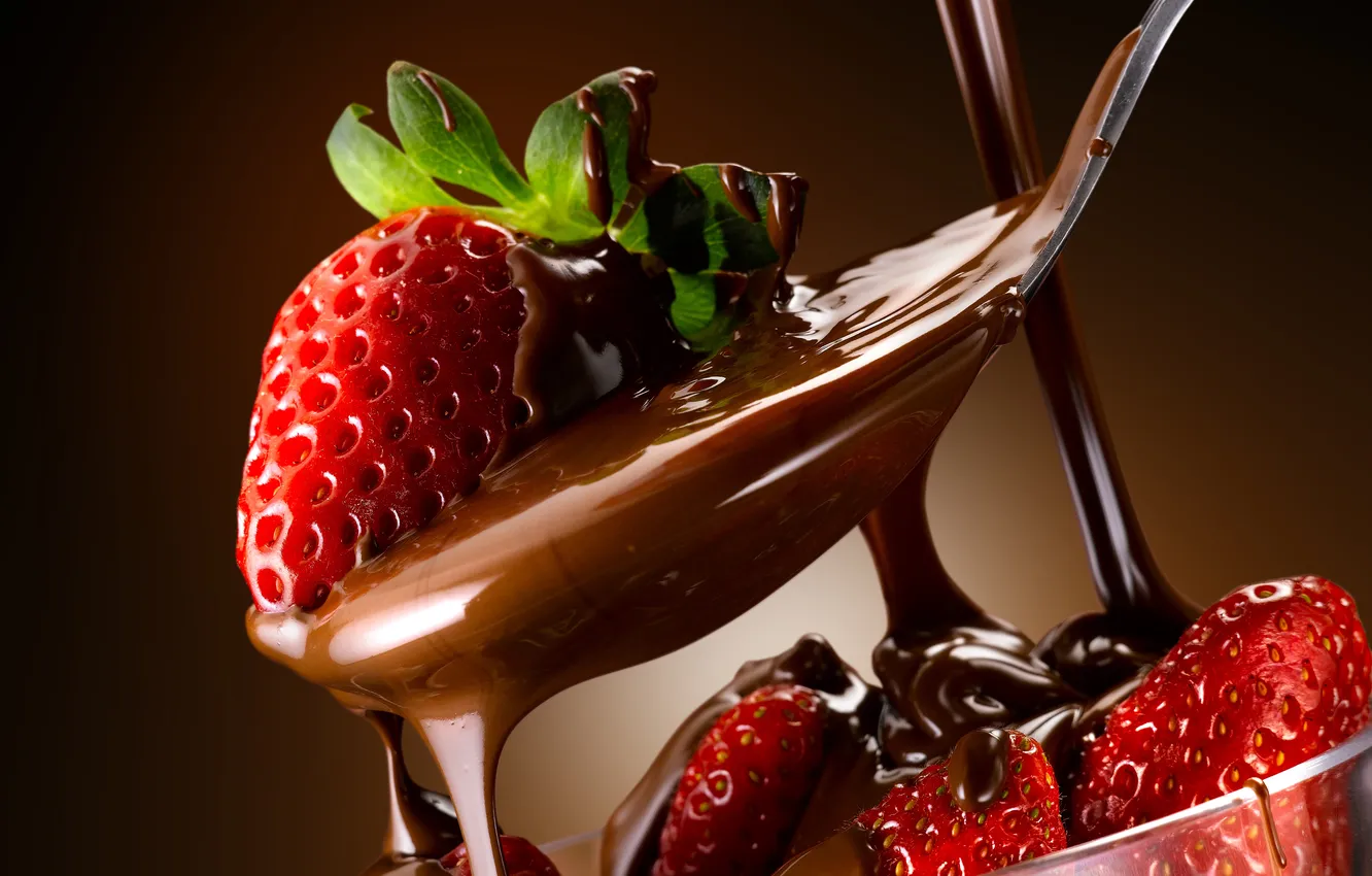 Photo wallpaper leaves, red, berries, chocolate, strawberry, spoon, dessert, sweet