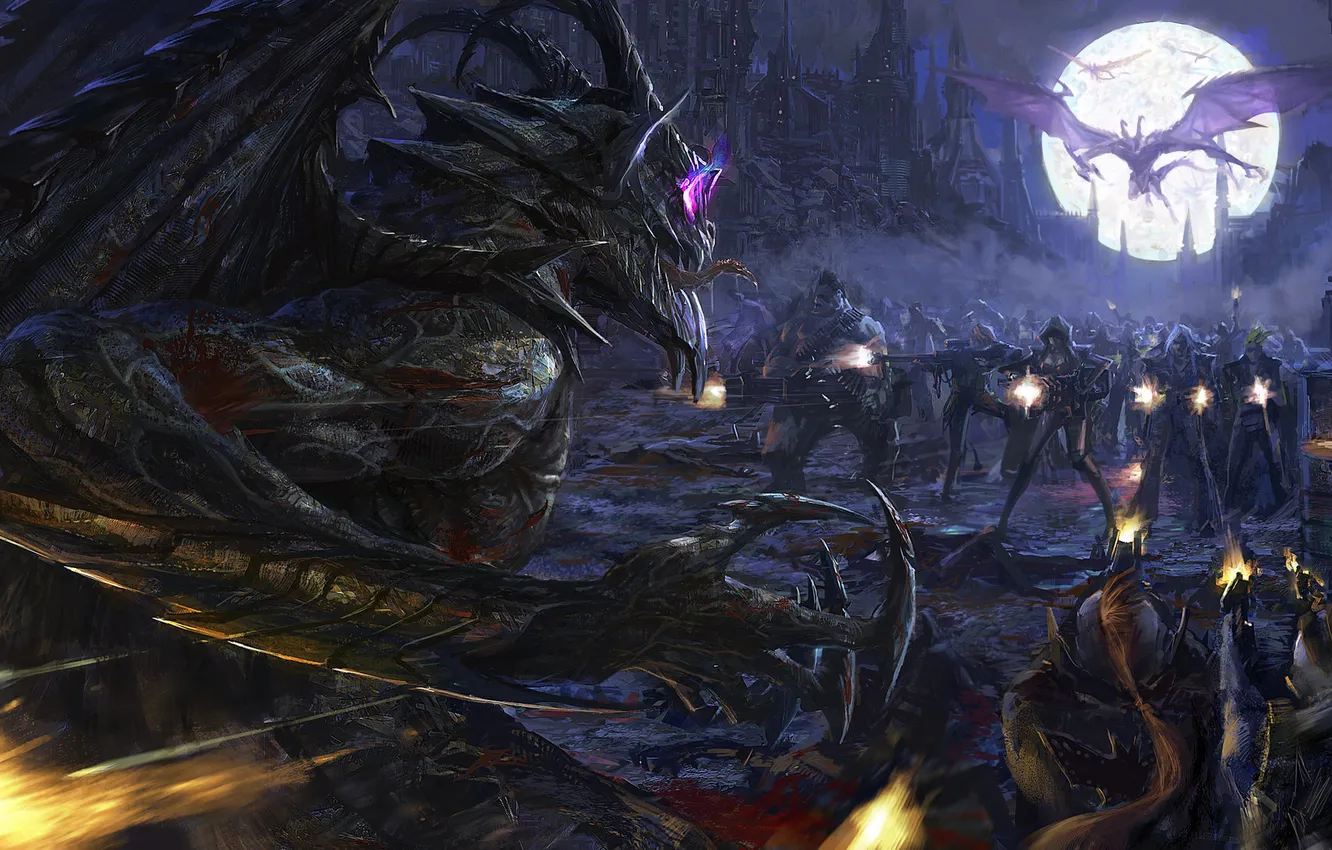 Photo wallpaper castle, the moon, blood, monster, shot, warrior, the battle