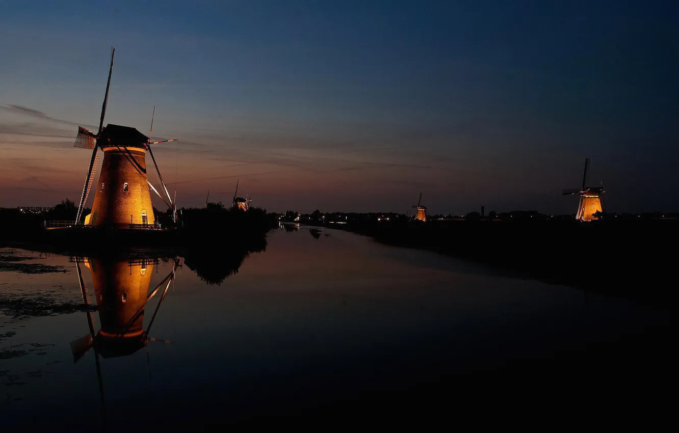 Photo wallpaper the sky, night, channel, windmill