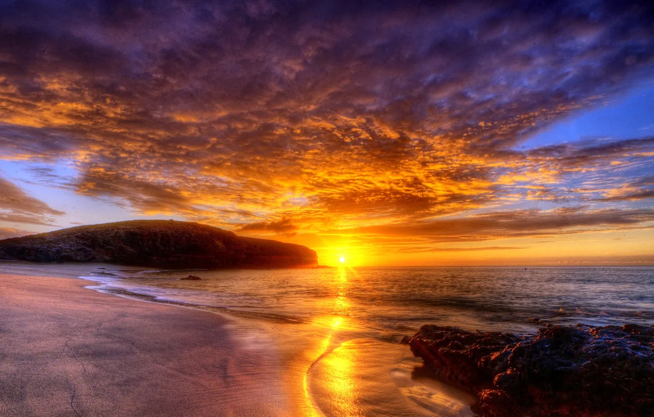 Photo wallpaper sea, the sky, clouds, sunset, rocks, HDR