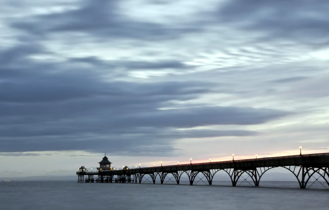 Photo wallpaper sea, landscape, sunset, bridge