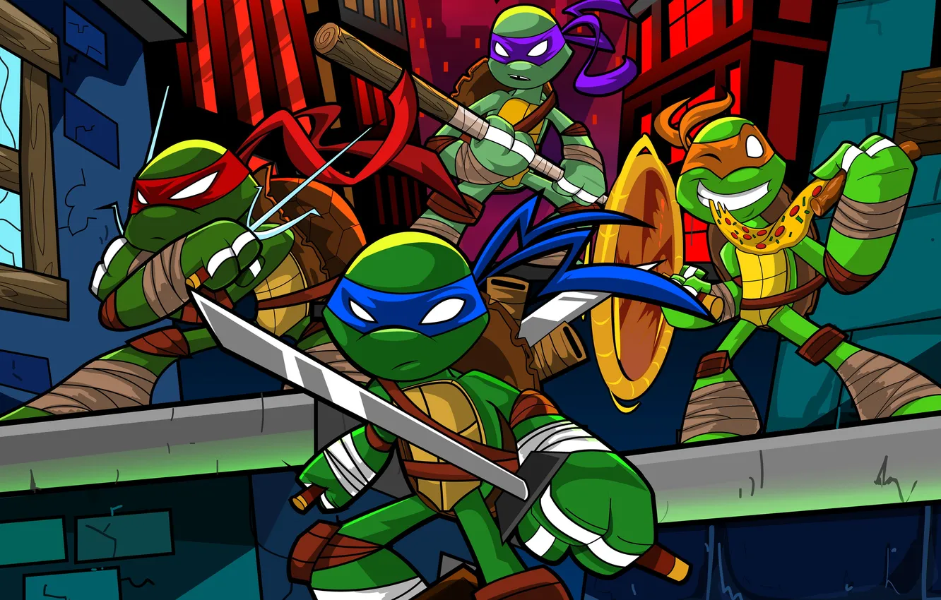 Photo wallpaper the city, sword, katana, headband, Teenage mutant ninja turtles, pizza, Donatello, Michelangelo