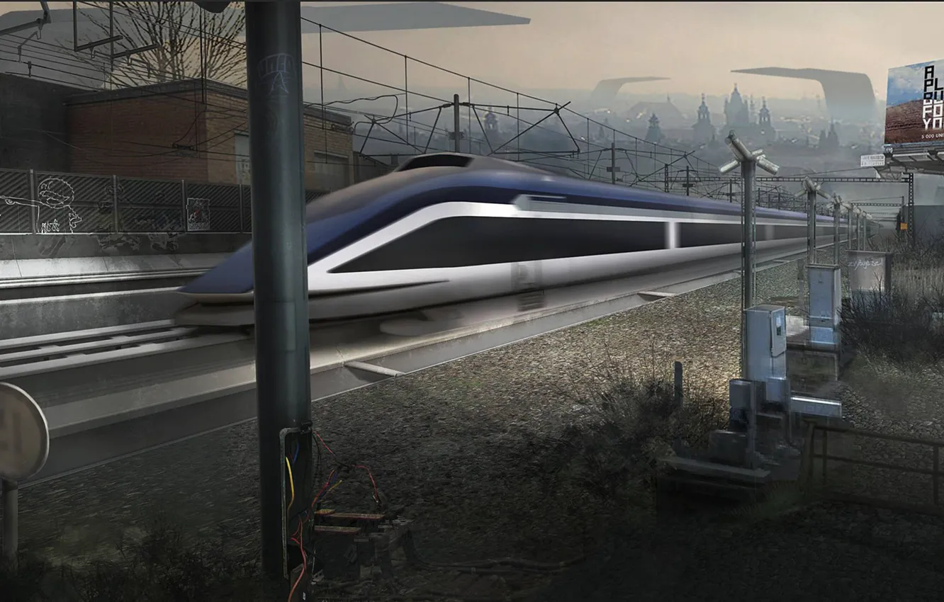 Photo wallpaper train, art, cyberpunk, Square Enix, art, Eidos Montreal, Cyberpunk, Deus Ex: Mankind Divided