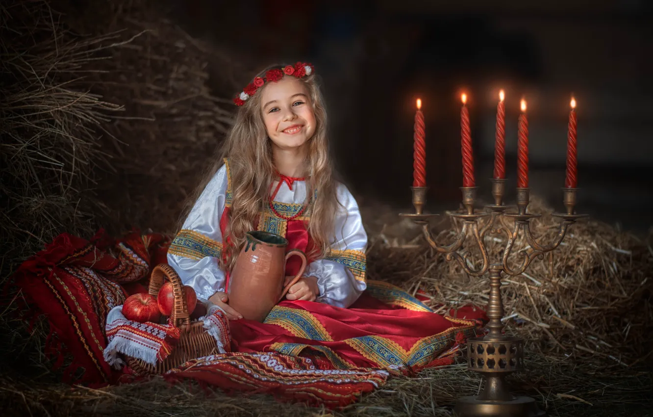 Photo wallpaper smile, mood, apples, candles, hay, girl, straw, pitcher