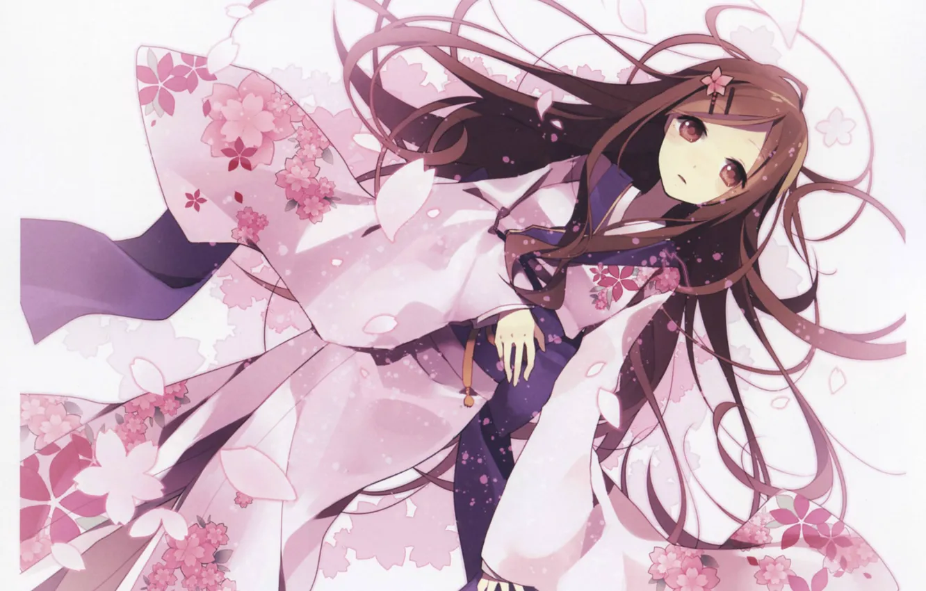 Photo wallpaper girl, white background, kimono, long hair, cherry blossoms, lying on her back