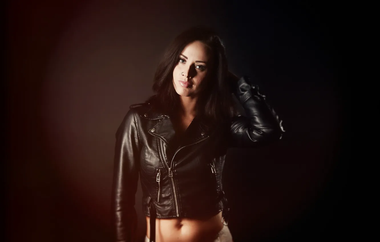 Photo wallpaper look, girl, background, brunette, leather jacket