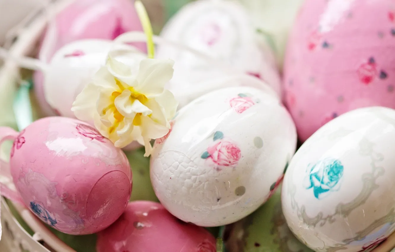 Photo wallpaper white, flower, holiday, eggs, spring, green, Easter, pink