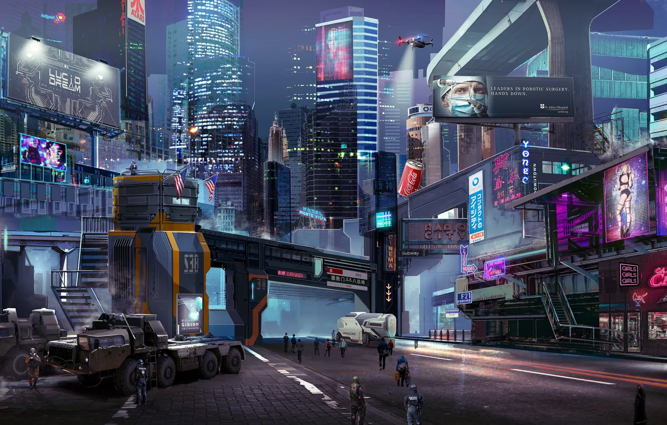 Photo wallpaper city, the city, future, fiction, people, skyscrapers, neon, fantasy