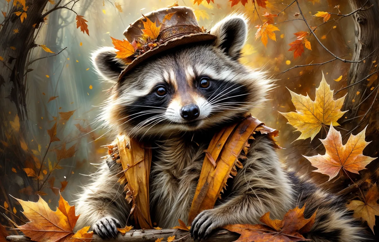 Photo wallpaper autumn, leaves, hat, raccoon