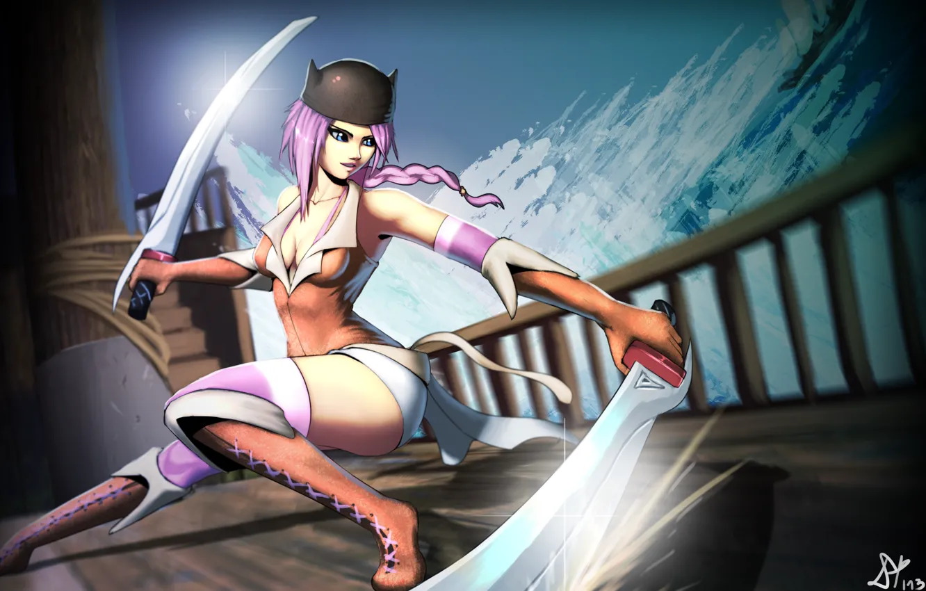 Photo wallpaper look, girl, weapons, fiction, hair, ship, katana, art