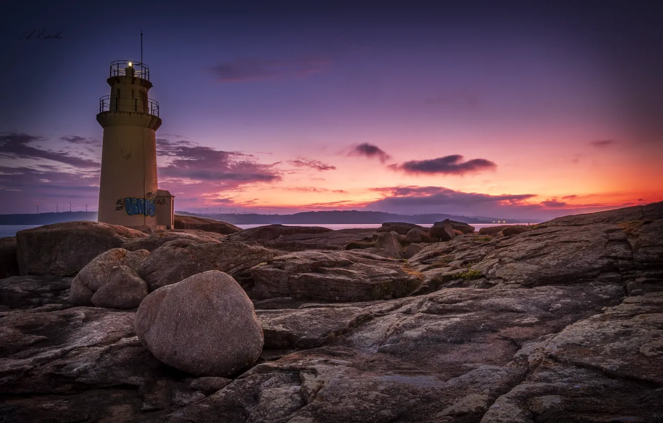 Photo wallpaper sunset, coast, lighthouse, the evening, Spain, Galicia, Muxia