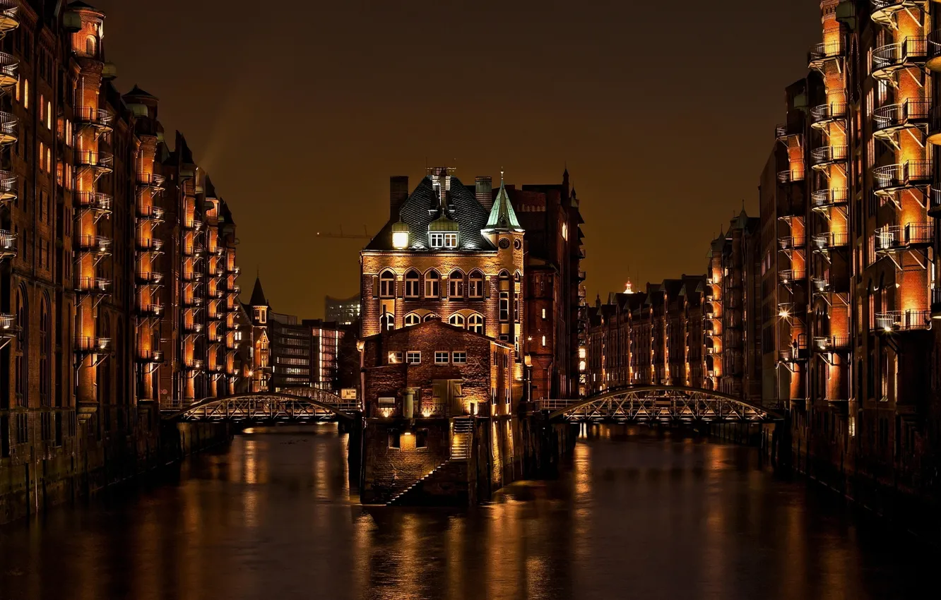 Photo wallpaper light, night, the city, building, home, Germany, channel, bridges