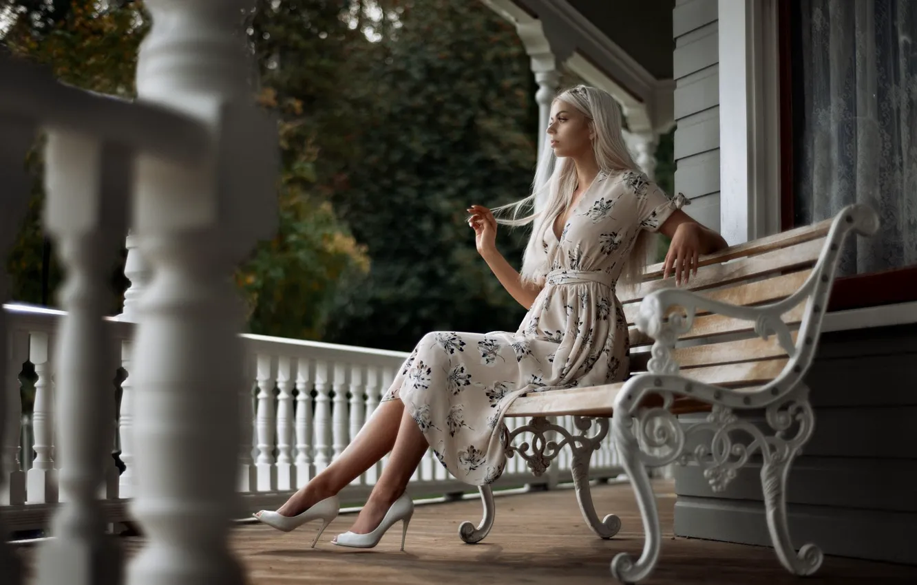 Photo wallpaper look, girl, bench, pose, foliage, home, hands, figure