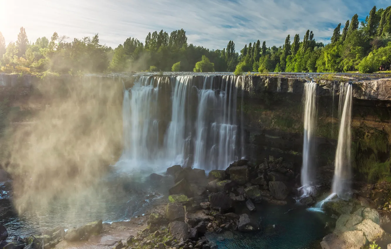 Photo wallpaper summer, the sky, water, clouds, light, trees, landscape, nature