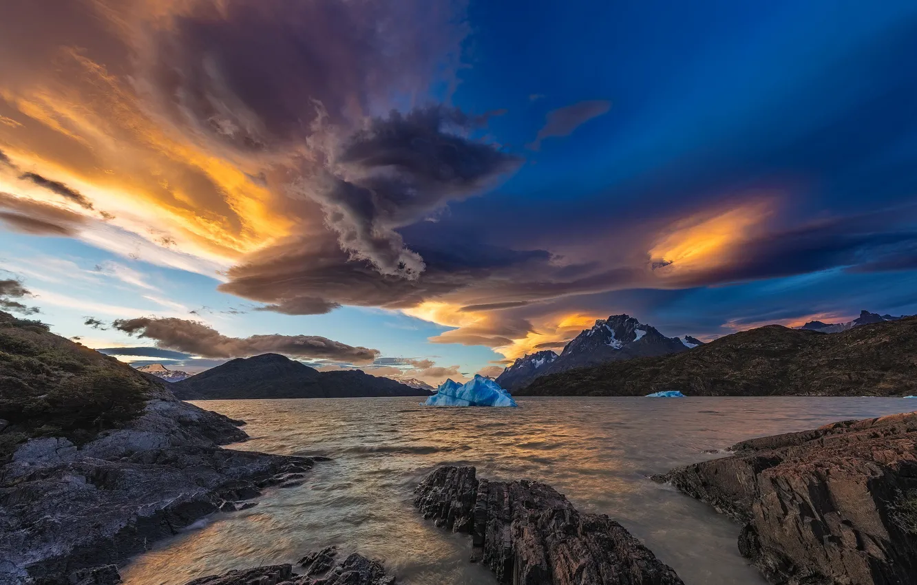 Photo wallpaper ice, clouds, mountains, lake, Chile, Magallanes